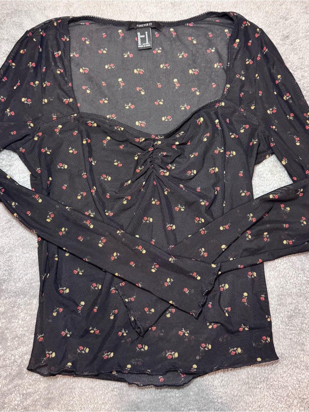 Forever 21 Black Mesh Long Sleeve Floral Ruched Front Top